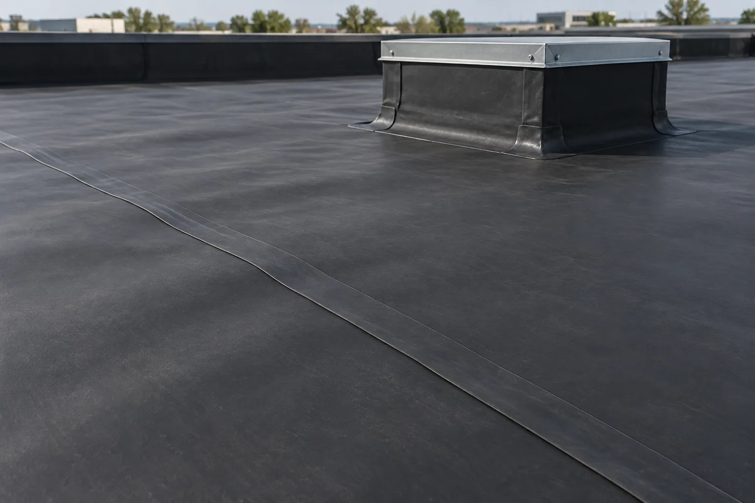 Illustration of black EPDM rubber roofing with a sealed overlap seam and membrane flashing at an equipment curb