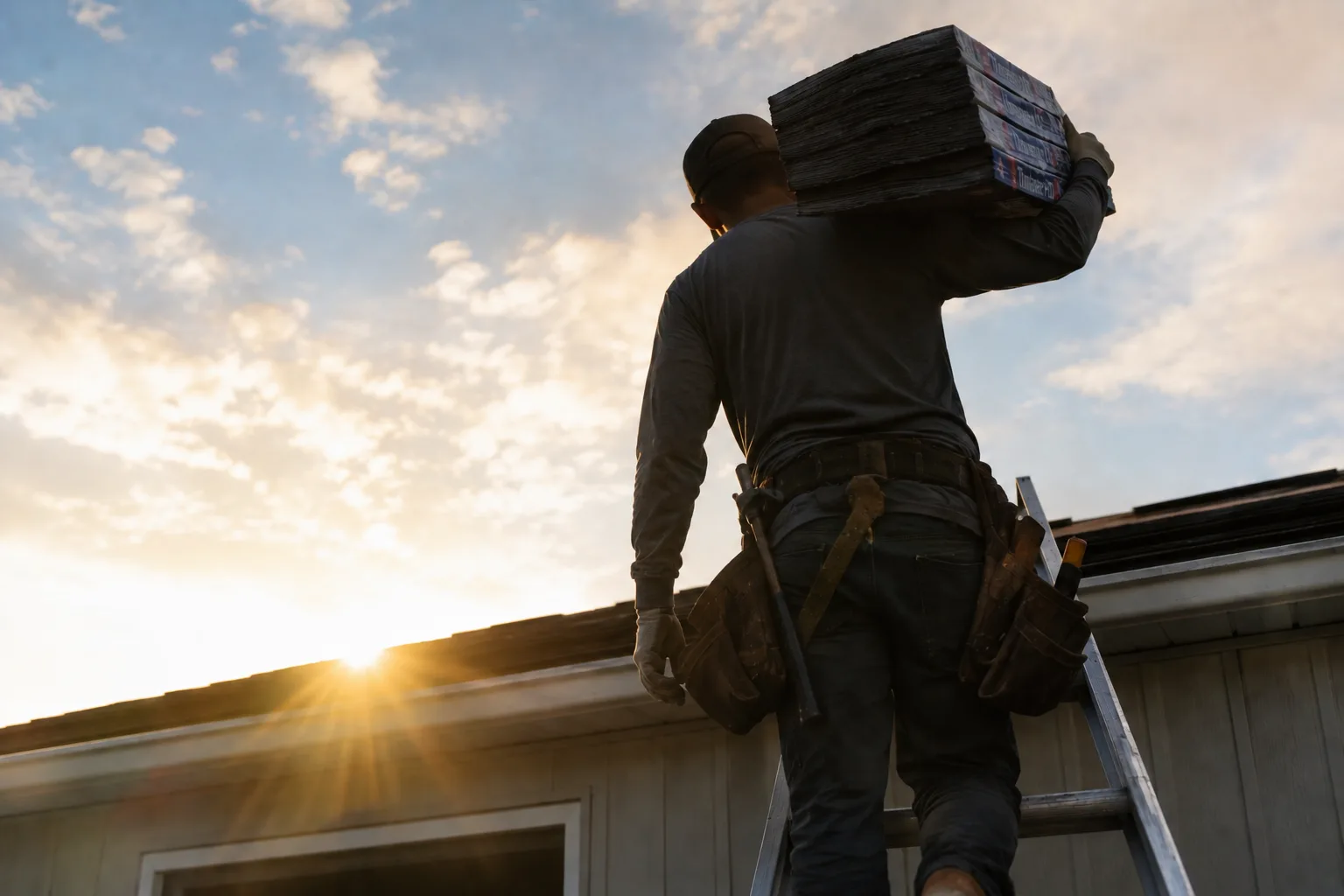 Silhouette of a roofer carrying shingles up a ladder